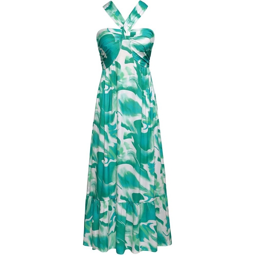 New Grace Karin Women Teal Abstract Print Halter Midi Dress Twist Front Medium